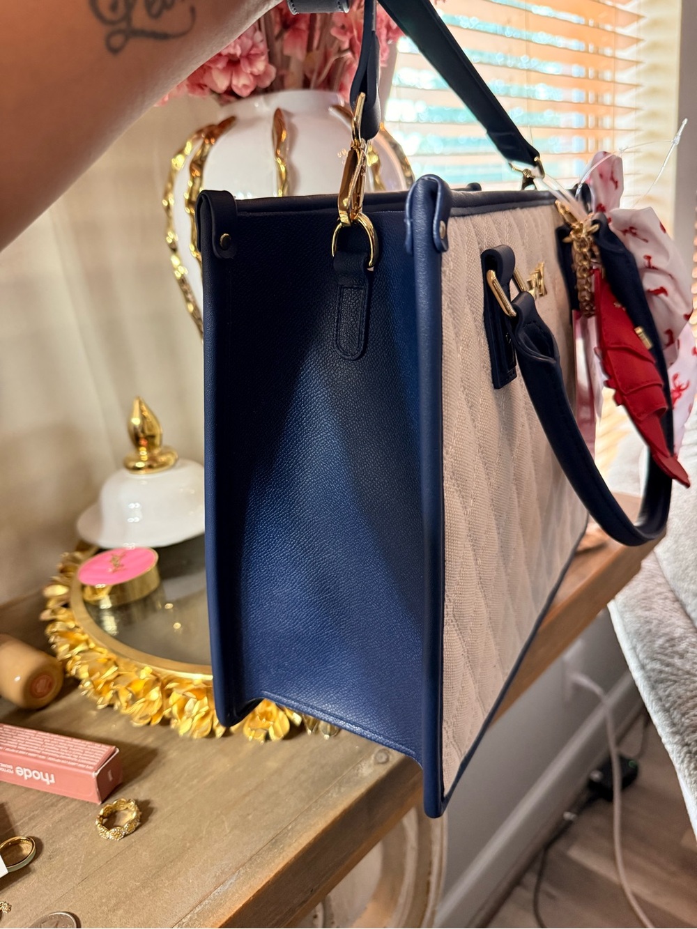 Betsy Johnson Quilted Cream & Navy Tote with Red Lobster Charm - Picture 4 of 9